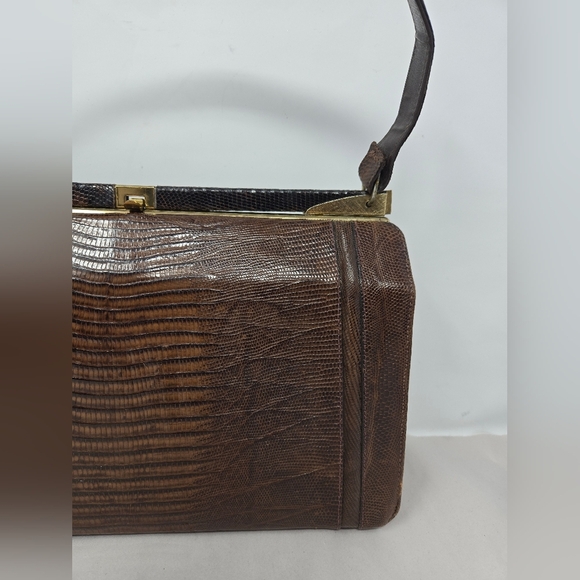 Womens Vintage Purse 1950's Dark Brown Exotic Repile Skin Arm Handbag Gold Tone - Picture 3 of 15